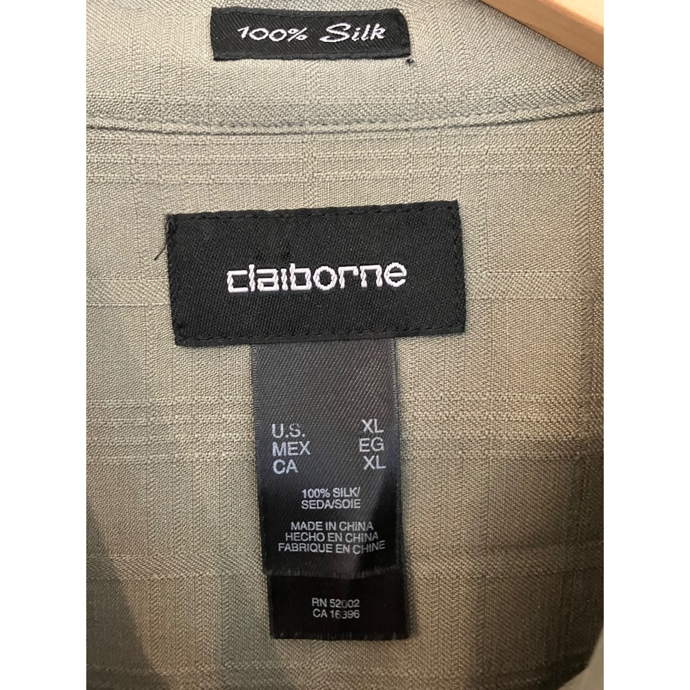 Clairborne Mens XL Olive Green 100% Silk Short Sleeve Button Up Shirt - Picture 4 of 4
